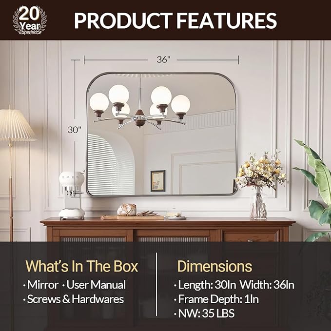 ANDY STAR Brushed Nickel Arched Mirror, 36x30’’ Modern Mantel Mirror Rounded Corner for Fireplace, Bathroom, Powder Room in 1 inch Anti-Rust SUS304 Tube Metal Frame Wall Mounted