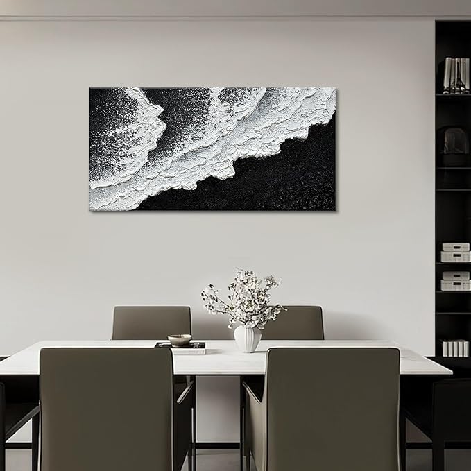 Black and White Beach Wave Textured Wall Art 3D Oil Painting Hand Painted Abstract Canvas Framed 40x20 Inch Acrylic Painting
