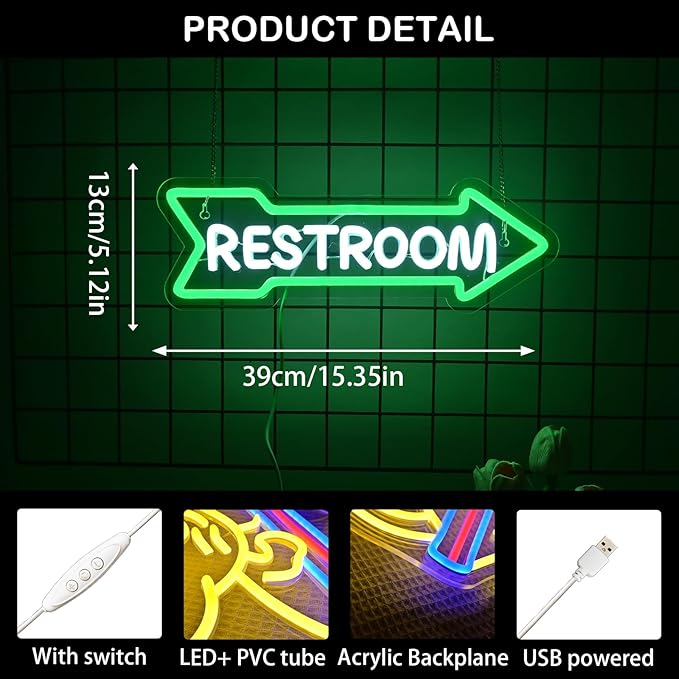 Looklight Restroom Arrow Neon Sign for Wall Decoration Right Arrow LED Light Sign Decor White and Green for Bathroom Hotels,Bars, Hospitals, Homes and Other Places with Toilets