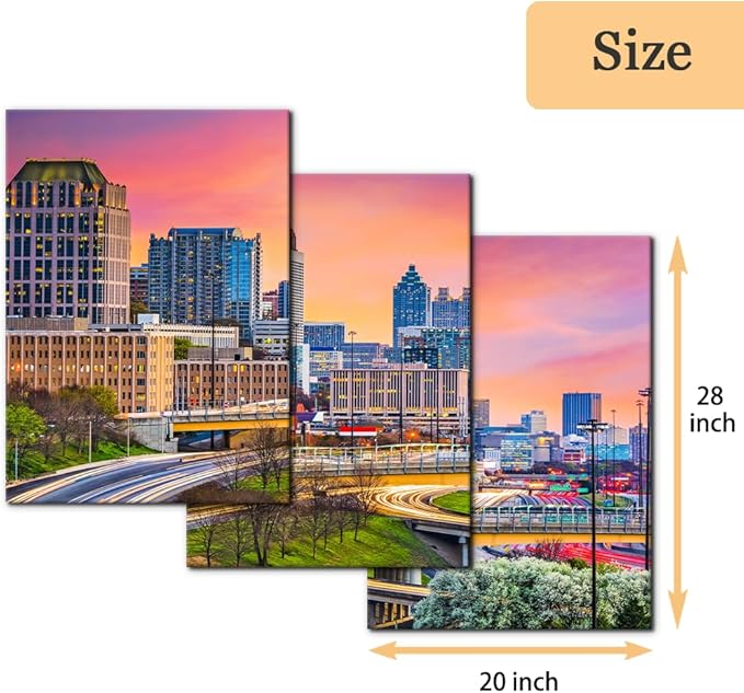 Pacimo Atlanta Cityscape Canvas Wall Art Print City Skyline at Dusk Painting Wall Decor for Living Room Home Decoration Gallery Wrapped Posters and Prints Framed Ready to Hang - 20"x28"x3 Panels