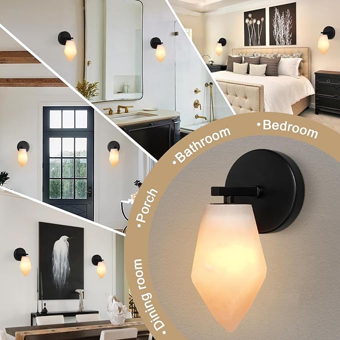 Alabaster Wall Sconce Set of Two, Spanish Marble Wall Light, Modern Wall Sconce for Bedroom, Hardwired Wall Lighting for Living Room, Wall Lamp for Bathroom Hallway Stairs, Black