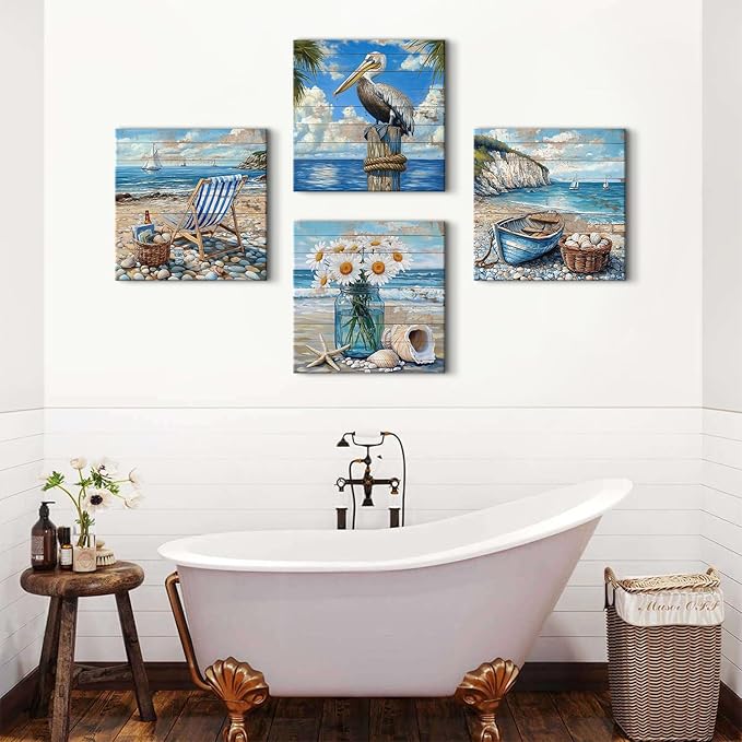 Nautical Beach Bathroom Wall Decor Retro Seascape Picture Canvas Prints Bedroom Coastal Pelican Poster for Living Room Teal Beach Flower Boat Wooden Grain Art Framed Artwork Home Decorations 20x20 4P
