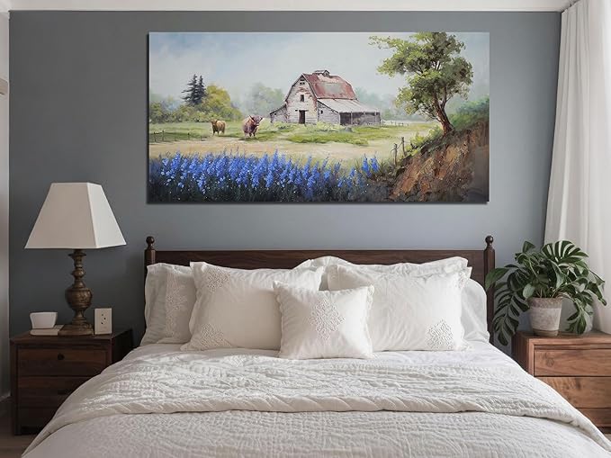 Arjun Farmhouse Canvas Wall Art Farm Highland Cow Landscape Picture Rustic Countryside Barn Painting Village Nature Artwork Large Size Framed for Living Room Bedroom Home Office Wall Decor, 48"x24"