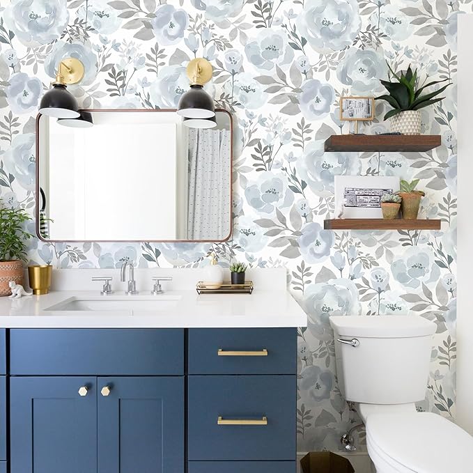 Orainege Floral Wallpaper Peel and Stick Wallpaper 17.3inx118.1in Self Adhesive Wallpaper Boho Contact Paper Removable Decorative Wall Paper for Bedroom Bathroom Shelf Liner Decor Vinyl,Blue