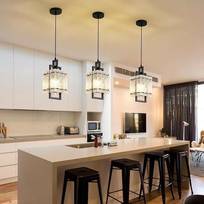 Modern Pendant Lights Kitchen Island 2 Pack Matte Black Pendant Lights Water Ripple Glass Square Pendant Lighting Over Island Hanging Pendant Light Fixtures for Kitchen Dining Room Hallway Foyer
