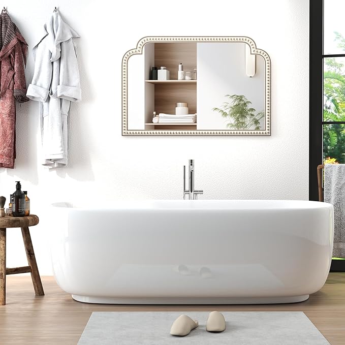 36''x24'' Farmhouse Wood Decorative Wall Mirrors with Beads, Boho Large Wide Arch Mirror for Living Room, Bedroom, Entryway, Fireplace