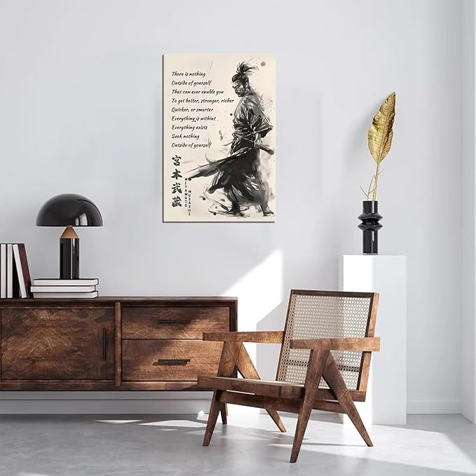 Japanese Samurai Wall Art Miyamoto Musashi Canvas Prints Vintage Japanese Artwork Motivational Poster Inspirational Quotes Painting for Men Bedroom Living Room Office (28''W x 44''H)