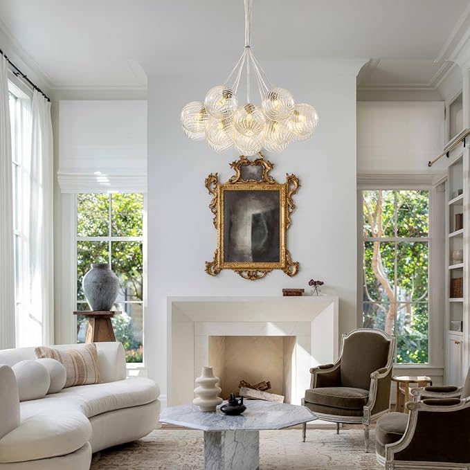 Modern Nickel Glass Bubble Chandelier: 23.6" Large Dining Room Light Fixture - Nordic Swirled Clear Glass Ball Chandelier - Globe Ball Chandeliers for Kitchen Living Room Bedroom Bathroom Entryway