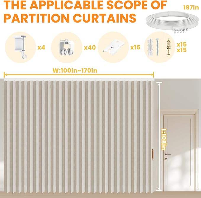 100% Blackout Room Divider Curtains - Total Privacy Curtains Panel, Thermal Insulated Noise Reduction Curtain for Bedroom Windows, Include Ceiling Curtain Track(Cream White, W180 x L108, 1 Pack)