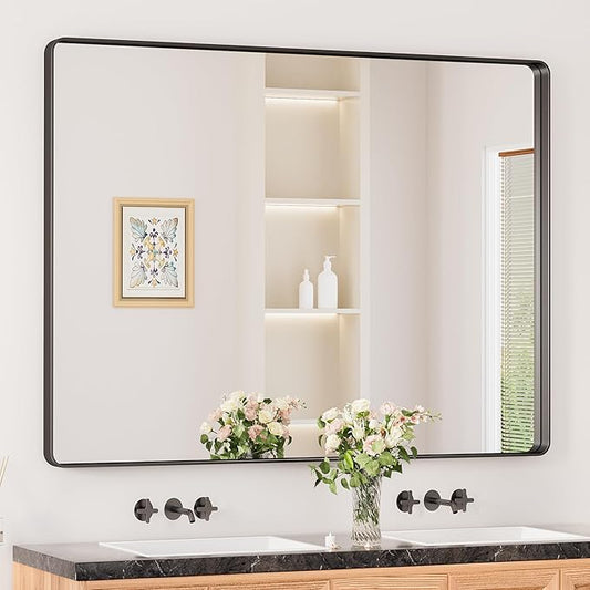 Keonjinn Black Framed Mirrors for Bathroom 48” x 40” Large Rounded Rectangle Wall Mirror, Matte Black Farmhouse Bathroom Vanity Mirror with Seamless Metal Frame, HD Tempered Glass(Horizontal/Vertical)