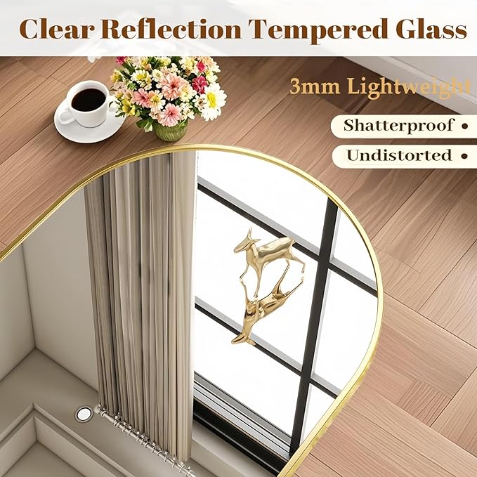 Arched Full Length Mirror, 65"x21" Gold Mirror with Stand, Full Body Mirrors for Leaning Against or Wall Mounted, Large Floor Mirrors for Bedroom, Living Room, Gold