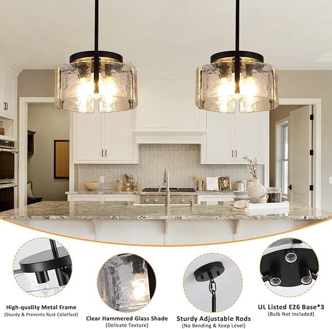Black Chandeliers for Dining Room Light Fixture, Foyer Lighting Fixtures Pendant Lights Kitchen Island, Adjustable Glass Modern Farmhouse Chandelier for Entryway, Bedroom, Bathroom, Foyer, Living Room