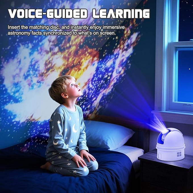 Observatory-Inspired Star Projector for Kids & Adults – HD Focus Adjustable Galaxy Lamp with 12 Discs, Voice Astronomy Education, Auto Shut-Off, White Noise, Rotating & Brightness Control