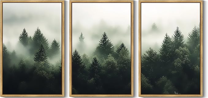 KUVIOKE Green Fog Pine Tree Framed Wall Art Nature Nordic Forests Artwork Morden Painting Home Decor 24x36in (Natural Framed)