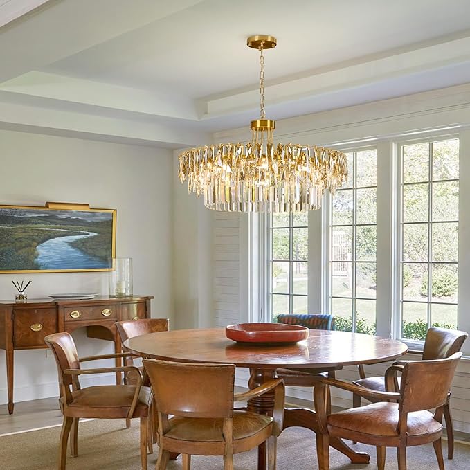 Modern Large Round Crystal Chandelier - 31.5'' Gold Luxury K9 Crystals Chandeliers for Dining room,Contemporary 3 Tier Raindrop Chandelier for Living room Bedroom Foyer Kitchen (Include light bulb)