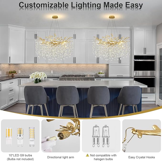 Modern Crystal Chandelier, 31.5" Chandeliers for Dining Room Gold Tree Branch Chandelier Lighting, Round Dining Room Chandeliers Over Table, Branches and Crystals Ceiling Light Fixtures
