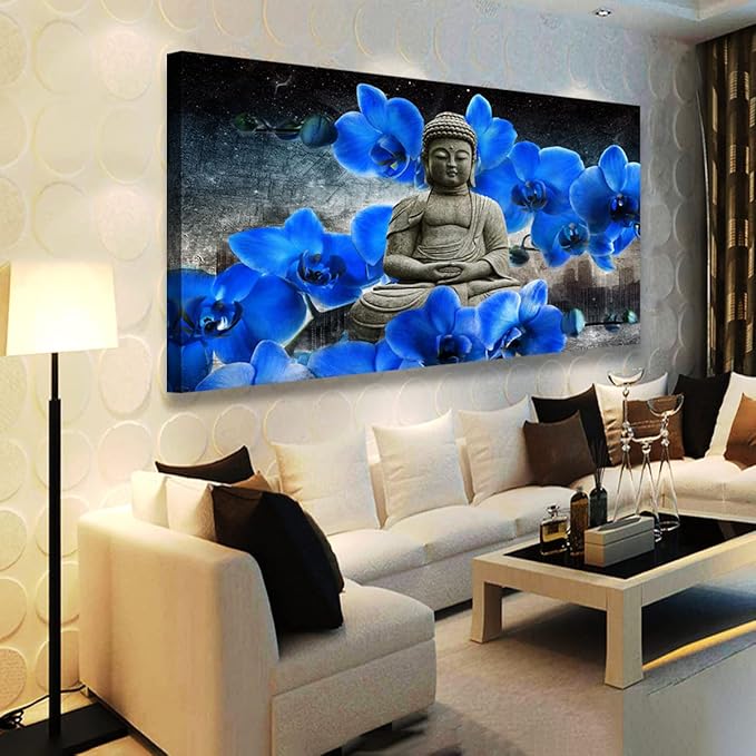 Buddha Pictures Wall Art Canvas Prints Home Decor Grey Zen Blue Flower Painting for Living Room Bedroom Bathroom Office Home Kitchen Decoration Asia Hindu Artwork 24x48 Wooden Frames Easy Hanging