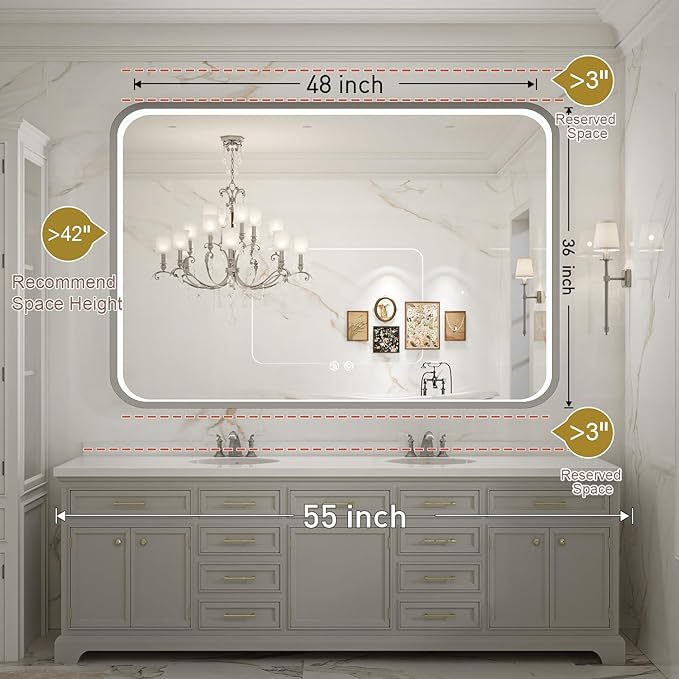 LED Bathroom Mirror with Lights,48x36 Inch Brushed Silver Framed Lighted Vanity Mirror,Anti Fog Stepless Dimmable Wall Mounted(Horizontal/Vertical)
