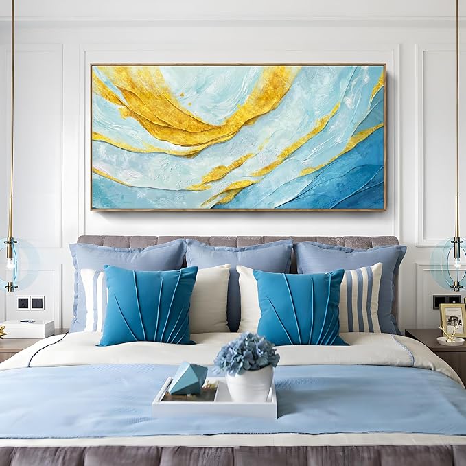 Nicetop Extra Large Framed Abstract Canvas Wall Art – Blue Gold Modern Oversized Picture Flowing Lines Art Print – Horizontal Wall Decor with Wood Frame for Living Room Bedroom Home Office 58x29Inch