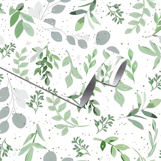 Modern Sage Green Leaf Peel and Stick Wallpaper Boho Botanical Eucalyptus Removable Leaf Floral Contact Paper Self Adhesive Vinyl Wallpaper for Cabinets Farmhouse Bedroom and Bathroom 17.5" x 118"