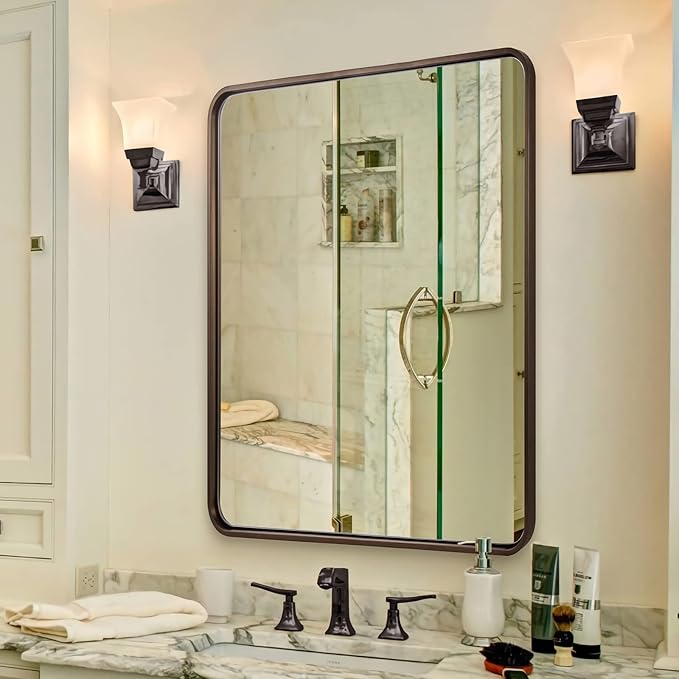 ANDY STAR Bronze Bathroom Mirror, 30x36 InchRounded Rectangle Oil Rubbed Bronze Mirror, Bronze Mirrors for Wall Metal Framed, Iron Tube, 1’’ Deep, Wall-Mounted Horizontally/Vertically