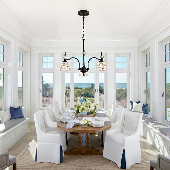 Black Chandelier, 3-Light Crystal Chandeliers for Dining Room, Farmhouse Dining Room Light Fixture, Dining Room Light Fixtures Over Table, Modern Hanging Pendant Lights for Bedroom, Kitchen Island