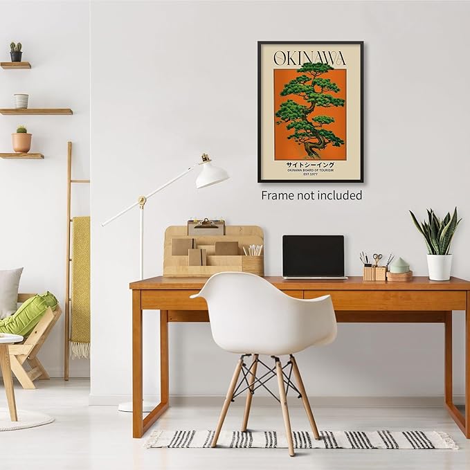 Japanese Canvas Wall Art Orange Okinawa Prints Retro Japanese Bonsai Tree Picture Modern Ukiyo-e Decor Poster for Asian Living Room Bedroom Dorm Bathroom 12x16 inch Unframed
