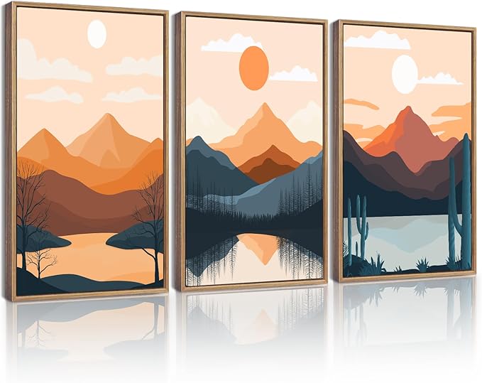 KUVIOKE Watercolor Landscape Framed Wall Art Nature Mountain Painting Sun Rises Boho Farmhouse Rustic Home Decor 12x16in (Natural Framed)