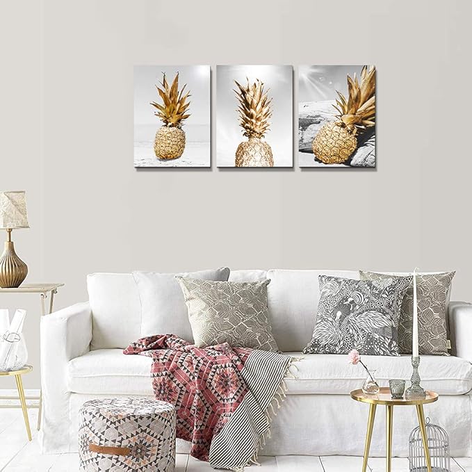 Canvas Wall Art For Bar Kitchen Living Room Office Bathroom Home Decoration Board Black And White Beach Scenery Golden Pineapple Pictures Artwork Restaurant Wall Decor Ready To Hang 20x28inch 3 Piece
