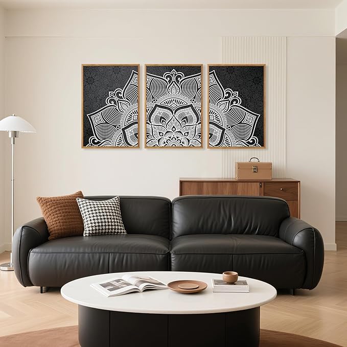 CHDITB Lotus Flower Framed Canvas Wall Art Set, Mandala Wall Decor for Yoga Room, Black and White Spiritual Wall Painting, Vintage Meditation Art Prints for Zen Living Room, Bedroom, Office 16"x24"x3