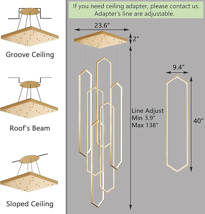 6-Rings Chandelier Modern, Gold Large Contemporary LED Light for Living Room Entrance, Dimmable Flush Mount High Ceiling Chandeliers with Remote Control for Villa Foyer
