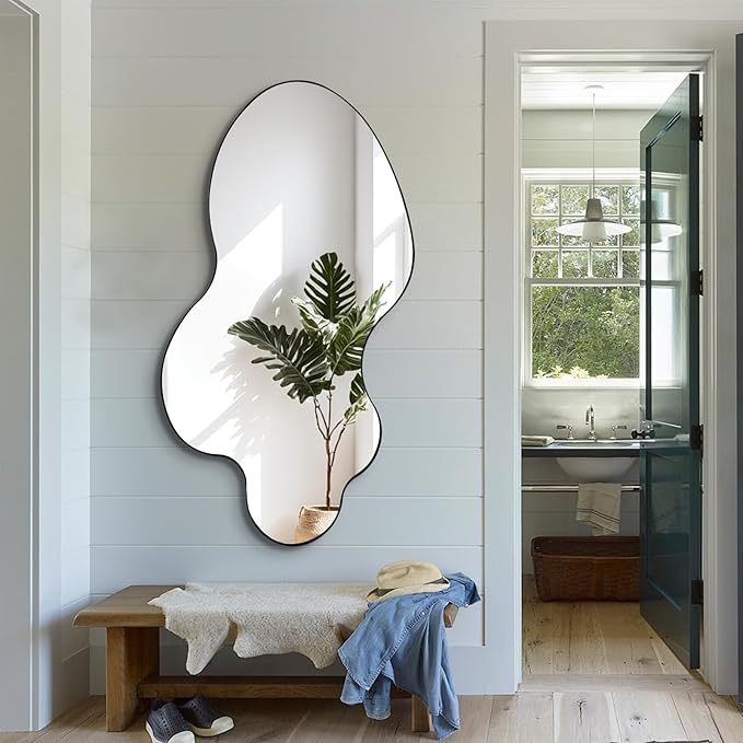 Black Irregular Mirror, Asymmetrical Mirrors, 46.5"x24" Wall Mirror Decorative, Modern Wavy Shaped Mirrors for Living Room Bathroom Bedroom Hallway Entryway Fireplace
