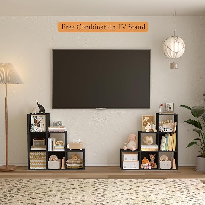 Ladder Cube Storage Bookcase - Wooden L-Shaped 3-Tier Corner Shelf, Reversible 6-Cube Organizer for Home & Office, Black