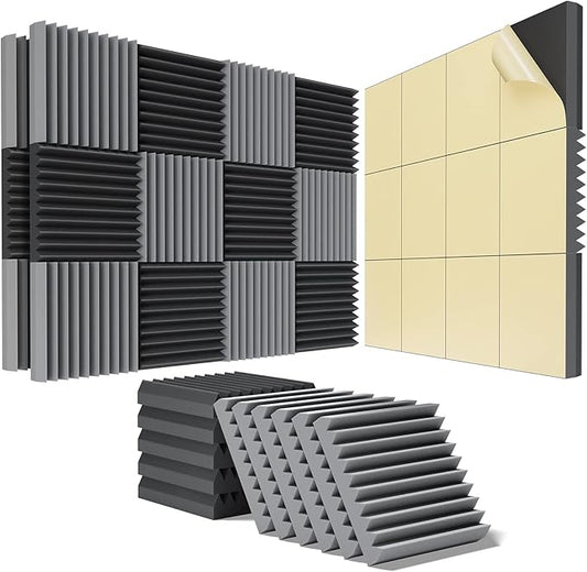 24 Pack Self-Adhesive Acoustic Panels - 2"X 12"X 12"Wall Panels - Quick-Recovery and High Density Sound Panels - Sound proof Acoustic Foam for Home Studio - Black and Gray