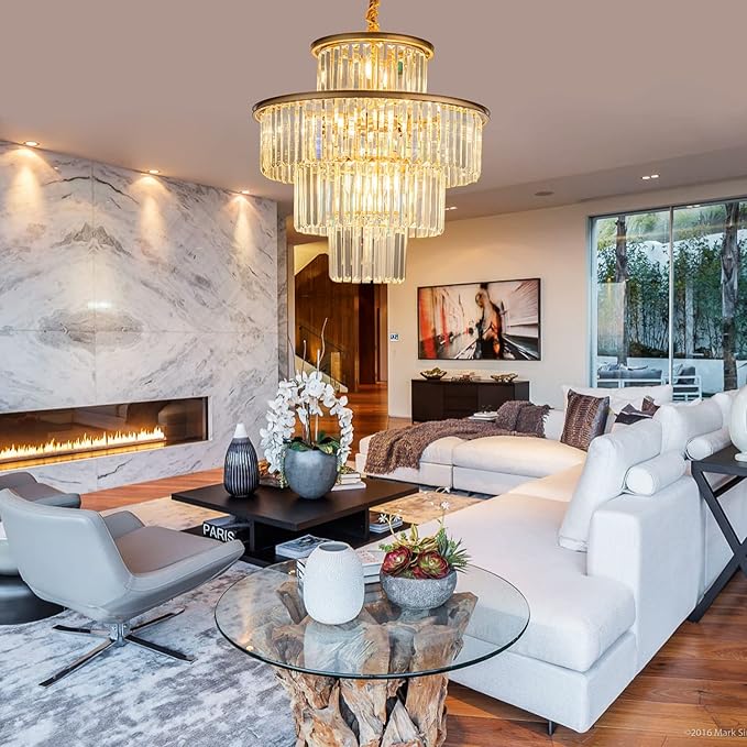 23" 14-Light Modern Crystal Chandelier Light Fixtures 4-Tier Gold Luxury Chandeliers for Dining Room Round Hanging Pendant Lighting for Living Room Kitchen Entryway Bedroom Foyer Hallway