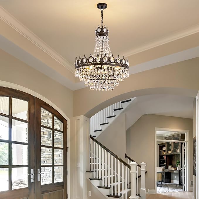 7PM Large Crystal Chandeliers, Vintage French Empire Chandelier, Antique Bronze Crystal Pendant Light, Rustic Farmhouse Ceiling Light for Dining Room Bedroom Living Room Kitchen Foyer, W 24"