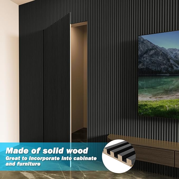 Art3d Slat Wood Wall Paneling for Interior and Ceiling Decoration - Pack of 4pcs + 1pc End-Trim, Size 108 x 5.7in.- Black