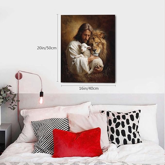 Jesus Lion Lamb Wall Art Christian Jesus Wall Decor Lion of Judah Pictures Religious God Canvas Painting Print Christ Artwork Decoration for Living Room Bedroom Church Framed Gifts 16”X20”