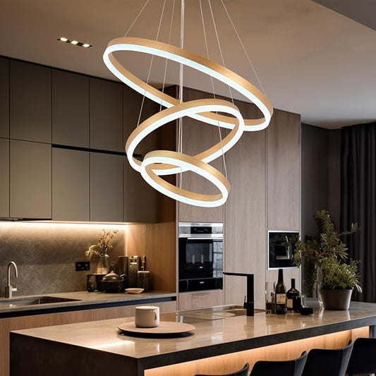 Modern Gold Chandelier Dimmable 3 Rings Chandelier Light Fixture 3000K-6500K Modern Led Pendant Light Color Changing Creative Design Kitchen Island Lighting Adjustable Hight