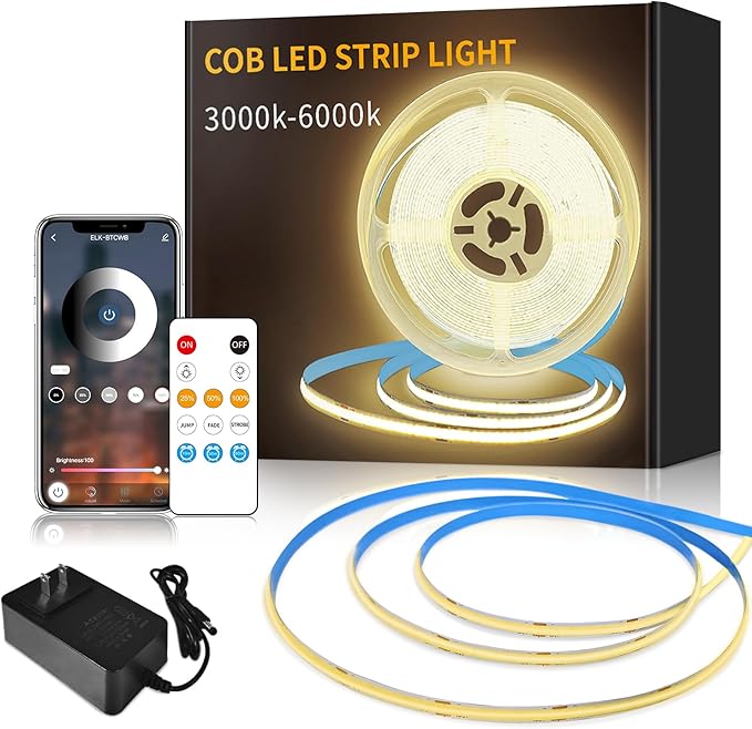 16.4ft COB LED Light Strip 3000K Warm White Dimmable DC 24V Flexible LED Tape Light for Bedroom, with Remote and app Control LED Strip Lights,for DIY Decoration