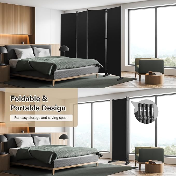 AKTOP Room Divider 4 Panel, 80" W Portable Wall Divider for Room Separation, Freestanding Partition Room Dividers, Folding Room Separators Privacy Screens for Home Office Bedroom, Black