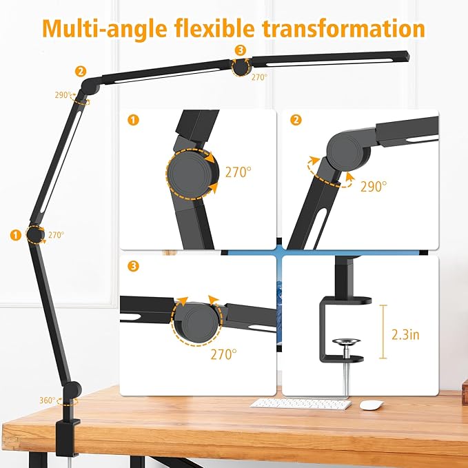 LED Desk Lamp with Clamp, Adjustable Swing Arm for Home Office, Dimmable Tempering Eye Care Table Light, Black Aluminum