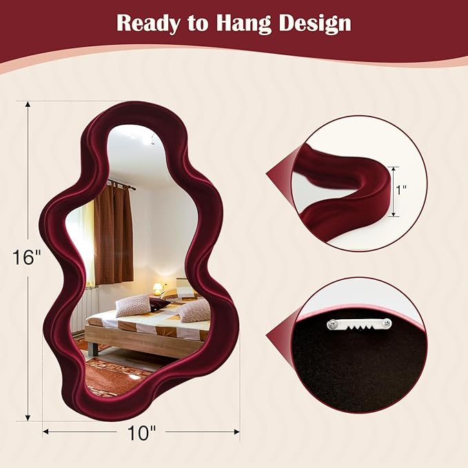 Mirror Wall Decor for Home Office Apartment, Asymmetrical Decorative Mirror for Entryway Porch Fireplace, Irregular Hanging Wall Art Sculpture for Christmas (Wine Red)