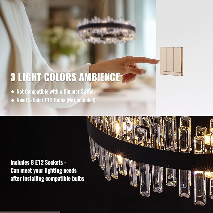 Modern Crystal Chandelier for Dining Room,16-Light Black Round Chandelier, 31.5-inch K9 Crystal Raindrop Ceiling Light, Luxury Flush Mount Light Fixture for Kitchen Living Room