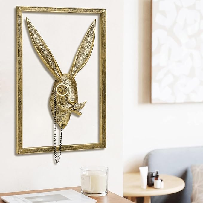 Newinhome Animal Heads Wall Decoration (Gift Metal Frame) Resin Animals Sculptures Head Wall Hanging Decor Gold vintage Wall Sculpture for Living Room Bedroom Office(Rabbit)