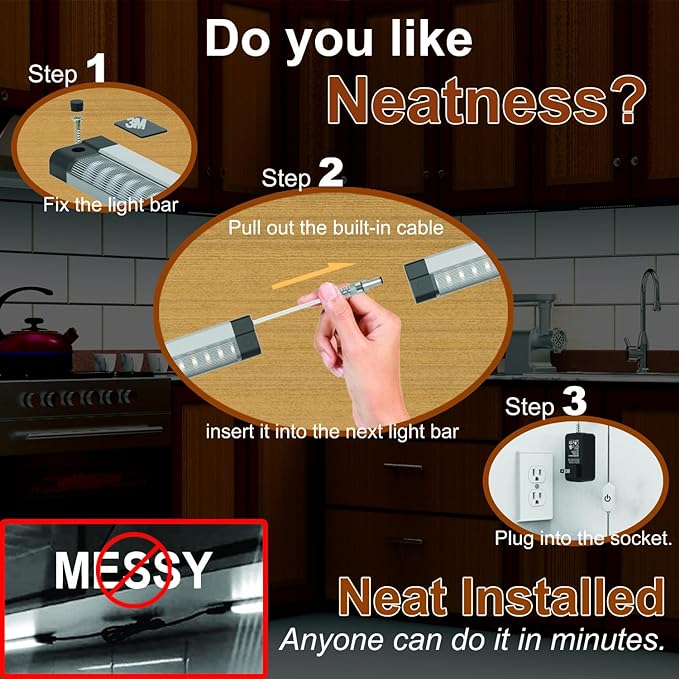 LED under cabinet lights Built-in 45cm/18" Adjustable Cable as Long as you Want Mid Input Jack easy access to power at the location closest to the plug 3Pcs 1350Lm 4500K Super Bright for Pantry Garage