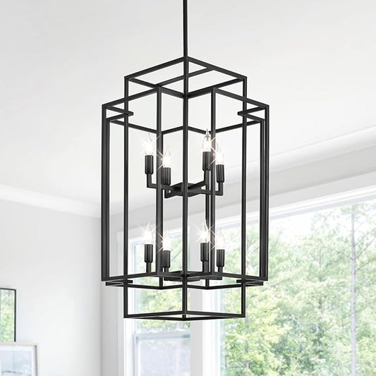 Black Farmhouse Chandelier, Large Chandeliers for High Ceilings, 8-Light Tiered Lantern Pendant Light Modern Foyer Lighting Fixtures, for Entryway Staircase