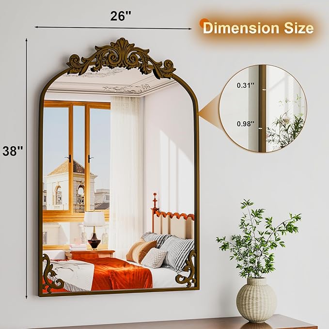 38"x 26" Arched Bathroom Mirror, Wall-Mounted Mirror with Carved Metal Frame & Bottom Art Carved, Vanity Mirror for Home Decor, Hanging Wall Mirror with Baroque Ornate Carved Accents, Vintage Bronze