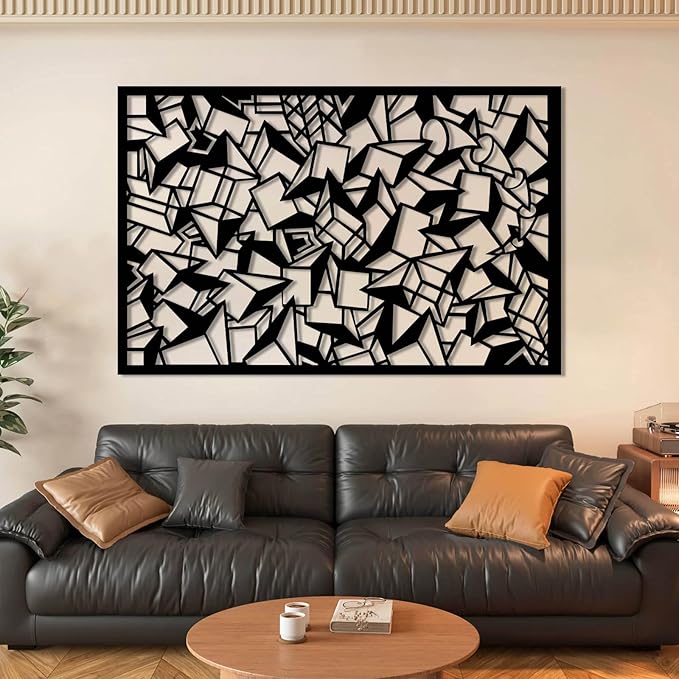 Abstract Geometric Metal Wall Art, Modern Geometric Metal Wall Art, Large Minimalist Geometric Wall Decor, Square Circular Triangle Wall Sculpture for Living Room, Office (White, 30"x19"/76x49cm)