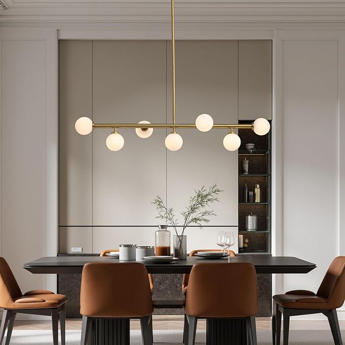 Mid Century Chandelier, Gold Brass Sputnik Pendant Light with White Glass Lampshade,7 Lights Globe Rectangle Linear Chandeliers for Dining Room Kitchen L43.3INxW11.8IN